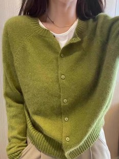 秋冬100%纯羊绒开衫女圆领，针织毛衣外套气质牛油果绿色羊毛衫