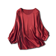 桑蚕丝经典宽松版型真丝珍珠缎圆领灯笼长袖T恤上衣2024春季