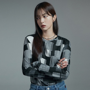 韩国设计师2021早秋马赛克修身长袖T恤韩国小众拼接显瘦上衣