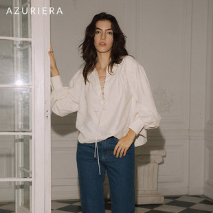 AZURIERA法式真丝白色衬衣深U领绑带泡泡袖随性慵懒小众设计