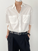 sf夏季韩版潮流ins简约白色，衬衫男士宽松时髦痞帅短袖衬衣外套