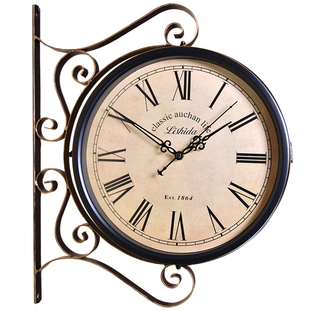 欧式复古双面钟表挂钟客厅静音装饰美式艺术挂表创意工艺个性时钟