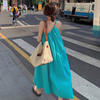 韩国chic夏季复古小众不规则绑带设计感露肩宽松休闲纯色连衣裙女