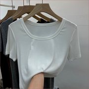 欧洲站2021夏季短袖基本款，螺纹棉白色t恤女纯色，圆领修身百搭上衣