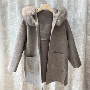 灰色大毛领双面羊绒大衣2021冬季韩版系带狐狸毛羊毛呢外套女