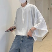 法式衬衫男短袖夏季薄款设计感小众蝙蝠，袖韩系套头衬衣七分袖polo