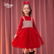 迪士尼女童时尚长袖连衣裙大红儿童，秋冬裙子假两件小孩毛衣网纱裙