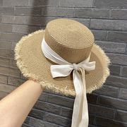 度假女士草编帽女式平顶遮阳草帽沙滩帽女夏三亚(夏三亚)海边拍照帽子夏天