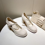 法式复古玛丽珍鞋女2024春季方头漆皮高跟鞋，一字扣带粗跟单鞋