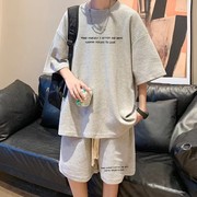 华夫格短袖t恤男大码运动套装夏季时尚，韩版五分短裤两件套潮