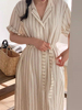 韩国chic夏季复古慵懒风西装领单排扣绑带收腰显瘦短袖条纹连衣裙