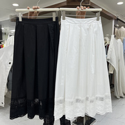 法式白色镂空刺绣a字，半身裙百褶仙女裙子，棉质蕾丝花边中长款伞裙