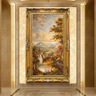 欧式手绘复古壁画客厅走廊，过道竖版大芬油画村，装饰画玄关风景挂画