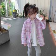 儿童韩版洋气长袖衬衫，2023秋季韩版潮女童宝宝中长款格子衬衣