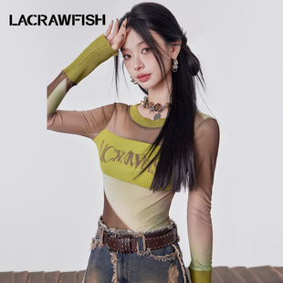 lacrawfish复古哥特风异料拼接印花渐变弹力，透视网纱t恤上衣