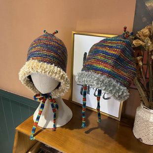 秋冬彩虹针织毛线护耳帽女毛绒绒圆领绑带帽子甜美俏皮可爱包头帽