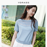 vgrass蕾丝拼接针织，套头衫夏季蓝色短袖，上衣vzz3o24150