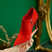 红色婚靴女超高细跟配裙子高跟鞋2024年秋季单鞋尖头裸靴短靴