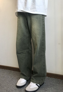 soxiox秋季美式复古绿色阔腿牛仔裤男女宽松直筒垂感青少年长裤