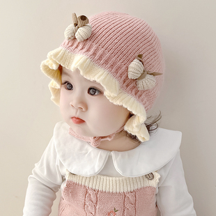 女宝宝公主帽子秋冬季婴幼儿婴儿针织毛线帽护耳冬款外出可爱超萌