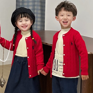 韩国亲子装儿童红色毛衣开衫男童外套女童针织衫2024拜年服潮