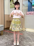 120-170女童纯棉中国风短袖T恤上衣半身马面裙百褶裙两件套装夏季