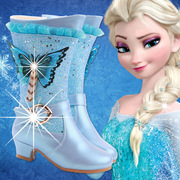 冬季女童高跟靴子儿童公主时尚棉靴水钻蝴蝶加绒保暖学生鞋子