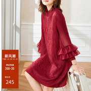 红色连衣裙高端精致女士百褶裙子大码宽松新中式喜庆婚礼礼服秋装