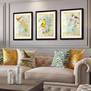 现代美式乡村花鸟客厅，沙发背景墙装饰画法式复古卧室餐厅喜鹊壁画