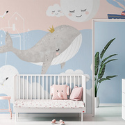 定制北欧简约淡蓝色儿童房墙纸卡通，动物鲸鱼壁纸男女孩房卧室条纹