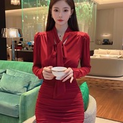 韩版性感系带v领褶皱长袖包臀连衣裙女秋季气质泡泡袖短裙子