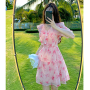 碎花雪纺连衣裙女夏季女装修身荷叶，边泡泡袖，v领粉色仙女裙子