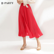 JJparty必入霸屏百褶半裙 韩国进口面料红色中长款百褶裙高腰半裙