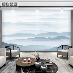 新中式意境水墨山水壁画，客厅电视背景墙壁纸蓝色，抽象卧室大气墙布