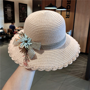 花朵草帽女夏季沙滩，帽韩版可折叠出游海边防晒遮阳帽，小清新太阳帽