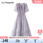 拉夏贝尔lachapelle夏季时，尚方领泡泡袖，系带高腰连衣裙子女