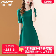 茗思小个子高级感醋酸连衣裙女2024夏季气质优雅复古绿色裙子