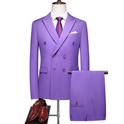 英伦风大码西服两件套双排扣西装男复古浅紫色韩版商务外套长裤子