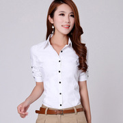 白色短袖显瘦衬衫纯色棉职业女式修身通勤女装韩国翻领上衣OL