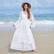 海边法式超仙镂空喇叭袖蕾丝白色沙滩连衣裙度假旅游小众宽松长裙