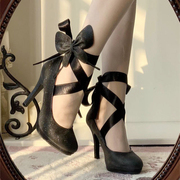黑色防水台芭蕾风绑带高跟鞋，细跟仙女玛丽珍鞋法式蝴蝶结尖头单鞋