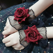 暗黑系lolita洛丽塔蕾丝手腕套手袖女酒红色玫瑰花礼服袖套