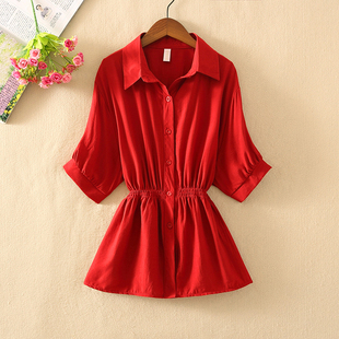 大红色雪纺衫上衣女2020夏季宽松短袖收腰遮肚轻熟设计感衬衣