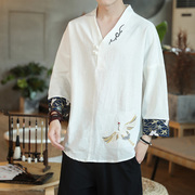 夏季亚麻t恤男短袖v领仙鹤，刺绣上衣潮流中国风，男装大码棉麻七分袖
