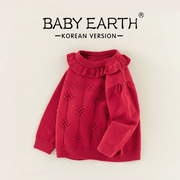 女童毛衣冬季红色毛线衣小童娃娃领上衣秋冬儿童圆领套头衫