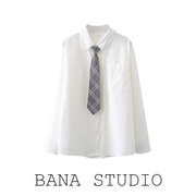BANA韩版简约学生JK风秋装大码女装口袋格子领带翻领白色长袖衬衫