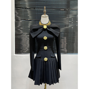 黑色小香风长袖连衣裙女冬季短裙法式高端精致气质小个子百褶裙子