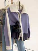 紫色翻领半高领毛衣外套女秋冬季2023宽松慵懒风拉链针织开衫