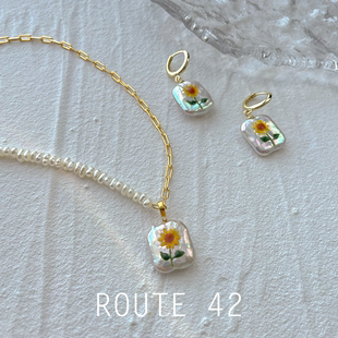 route原创925银油画向日葵，巴洛克珍珠耳环饰夸张项链套装礼物天然