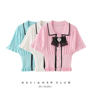 mmc 短袖设计感女小众蝴蝶结拼接三色小翻领修身显瘦针织T恤夏
